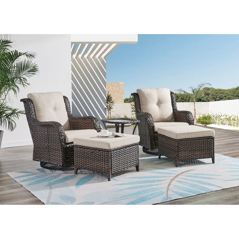 Pocassy 5-Piece Outdoor Furniture Set, Swivel chairs with Ottomans - Brown/Beige