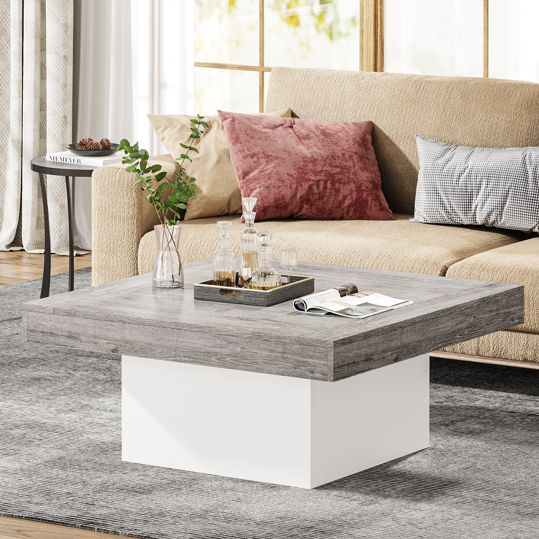 Farmhouse Square LED Coffee Table Engineered Wood Coffee Table for Living Room