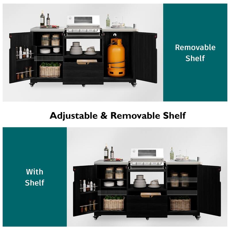 Outdoor Kitchen Island Grill Cart for Big Green Egg Grills with Stainless Steel Top and Storage Racks