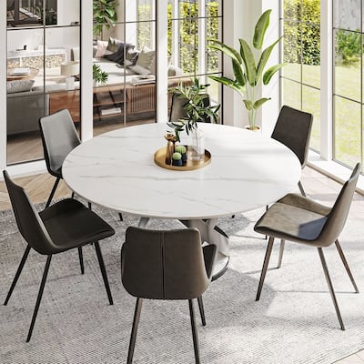 Modern Dining Table Sets, Round Glossy Sintered Stone Dining Table with Dining Chairs