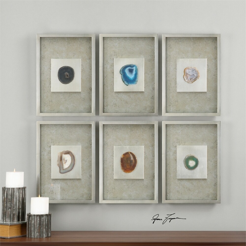 Shop Set Of 6 Colorful Agate Stones In Silver Leaf Shadow Box