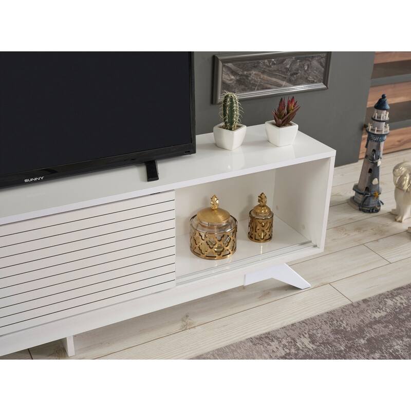FurnisHome Store Luxia Mid Century Modern Tv Stand 2 Sliding Door Cabinet 2 Shelves 67 inch Tv Uni, White