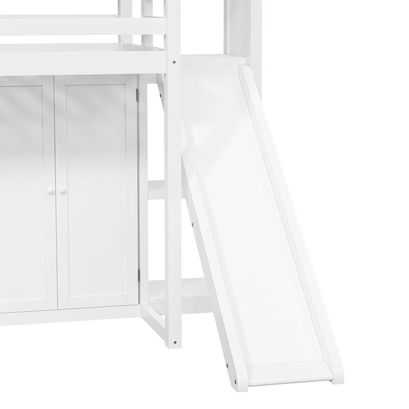 GDFStudio - Solid Wood Loft Bed with Wardrobe, Slide, Storage Shelves & LED