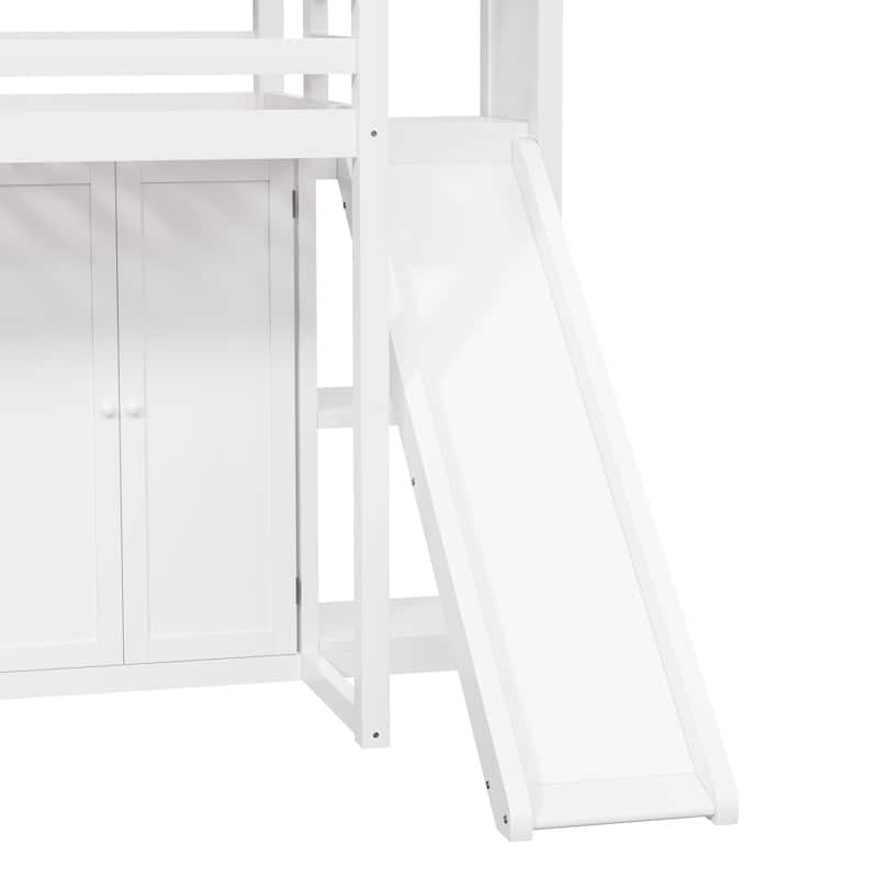 White Twin Size Wood Loft Bed with Slide, Wardrobe, Storage Shelves, LED Light, and House Frame