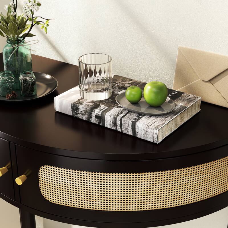 Half Moon End Table with Sliding Rattan Door, Boho Semi-circle Entryway Console Table with 2 Storage Cabinet and Bottom Shelf