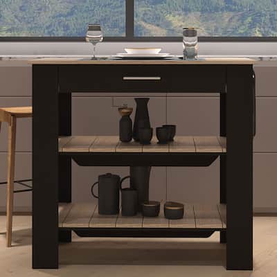 "Modern Kitchen Island with 1 Drawer, 2 Open Shelves, Towel Hanger, 37" High, Black & Light Oak"