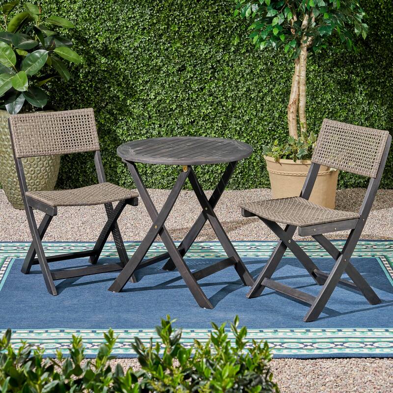 3 Piece Acacia Wood Patio Folding Bistro Set with Wicker Weave Seating and Backrest