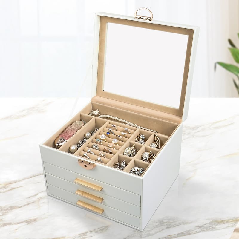 Modern White 4-Layer Jewelry Box with Glass Lid Jewelry Organizer with 3-Drawer - N/A