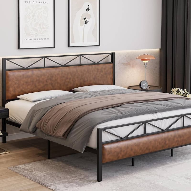 Rustic Metal Platform Bed Frame with Headboard