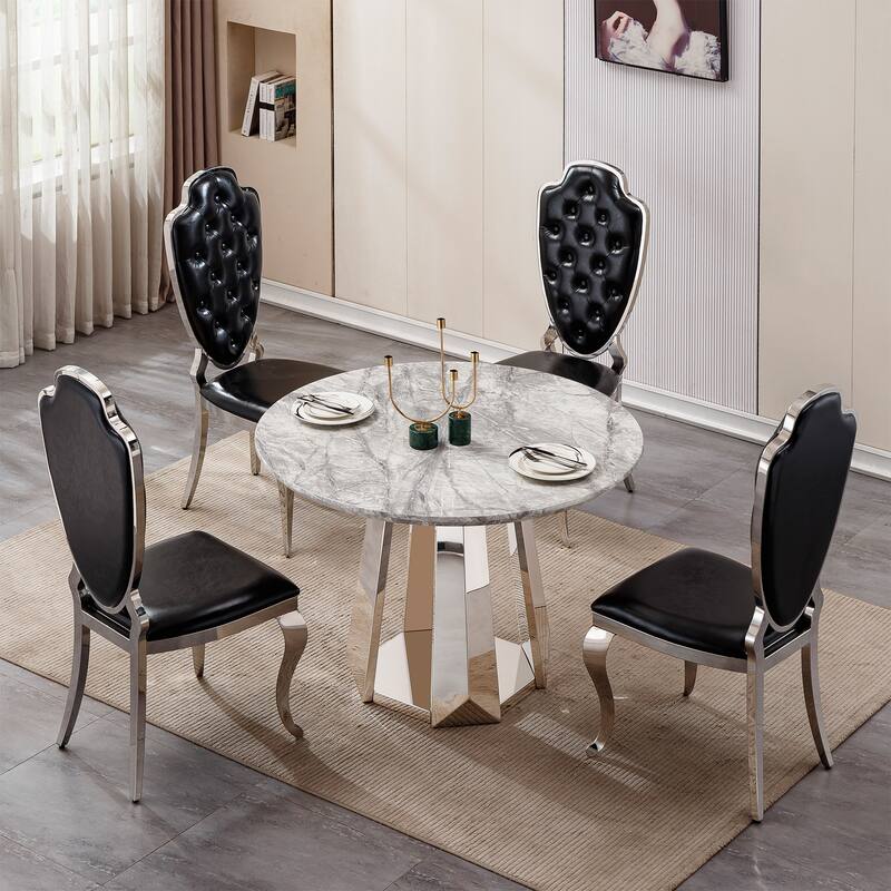 GDFStudio - Lisa Series 47" Round Marble Dining Table and Stainless Steel Base for Dining Room, Kitchen
