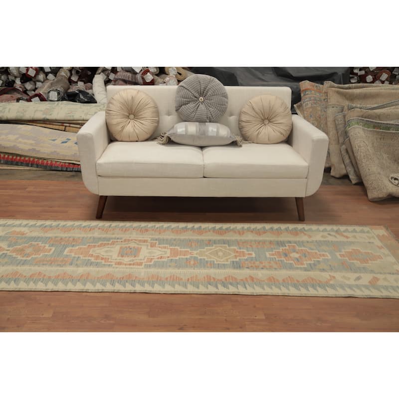 Hand Woven Oriental 100% Wool Carpet Southwestern Tribal Multi-Colored Kilim Runner Rug - 9' 7'' X 2' 9''