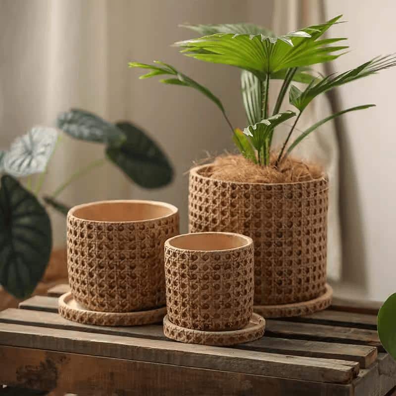 RusticReach Faux Woven Grid Cement Pot - Beige