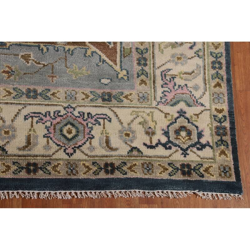 Geometric Heriz Serapi Indian Area Rug Handmade Blue Wool Carpet - 8'11" x 11'10"