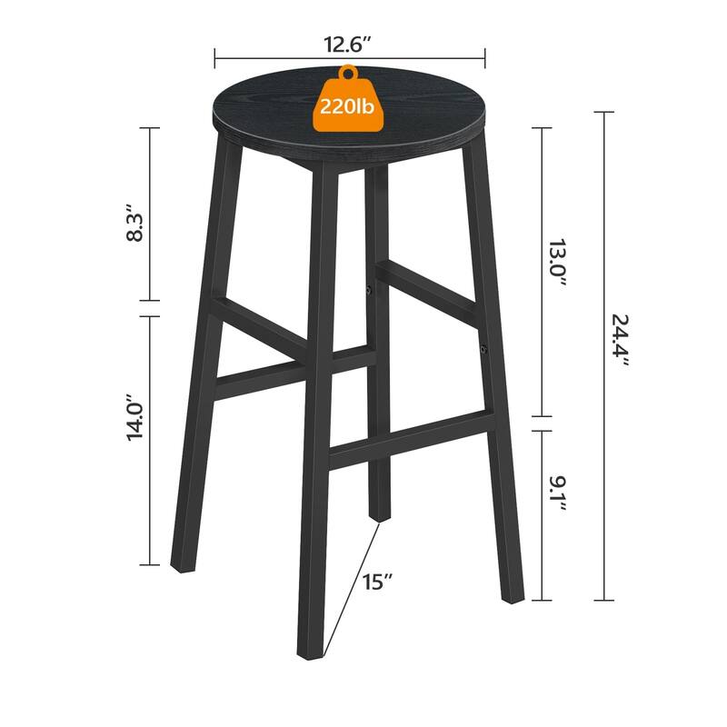 Bar Stools, Set of 2 Round Bar Chairs with Footrest, 24.4 Inch Kitchen Breakfast Bar Stools, Industrial Bar Stools