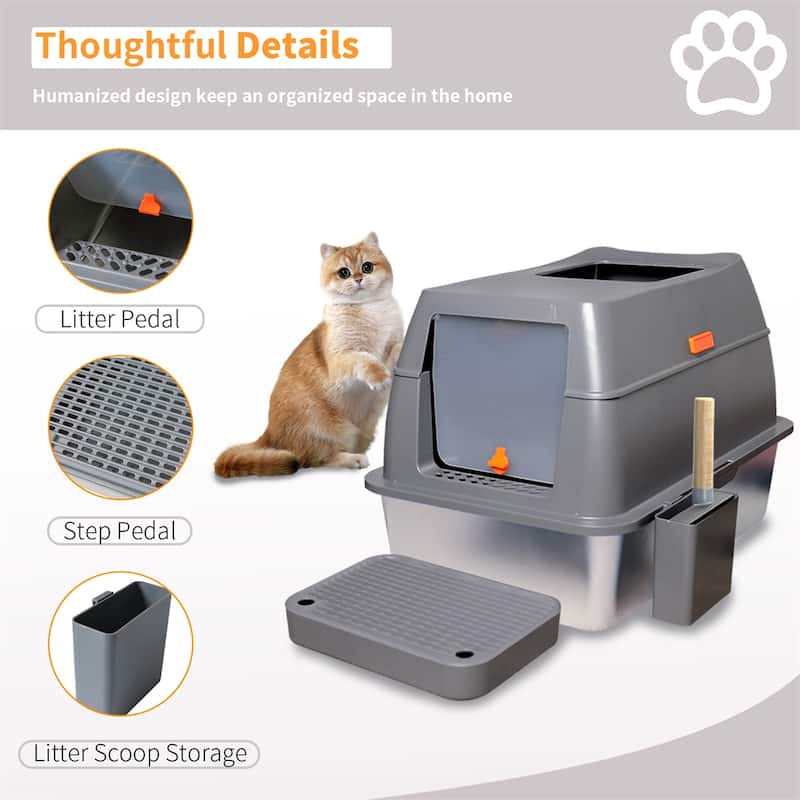 Stainless Steel Cat Litter Box,Extra Large Enclosed Cat Toilet w/Lid, Metal Cat Box w/Filter Pedal and Litter Scoop
