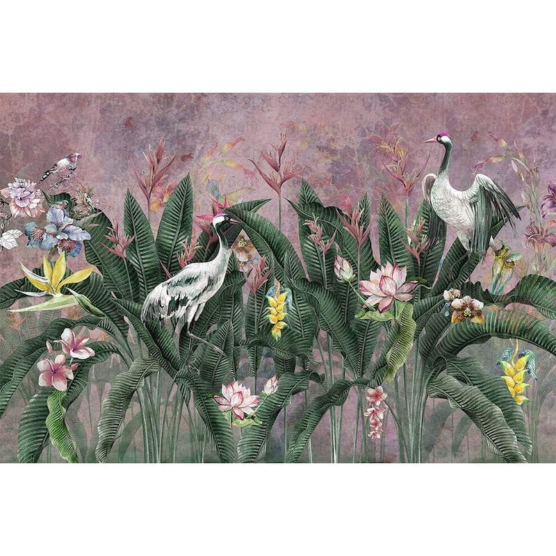 Tropical Paradise Wallpaper Mural Exotic Birds and Lush Flowers - Pink - W:163" x H:110"