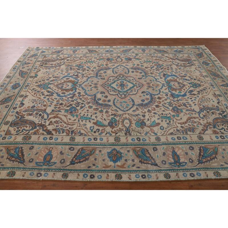 Over-Dyed Tabriz Persian Vintage Area Rug Handmade Beige Wool Carpet - 6'9"x 9'1"