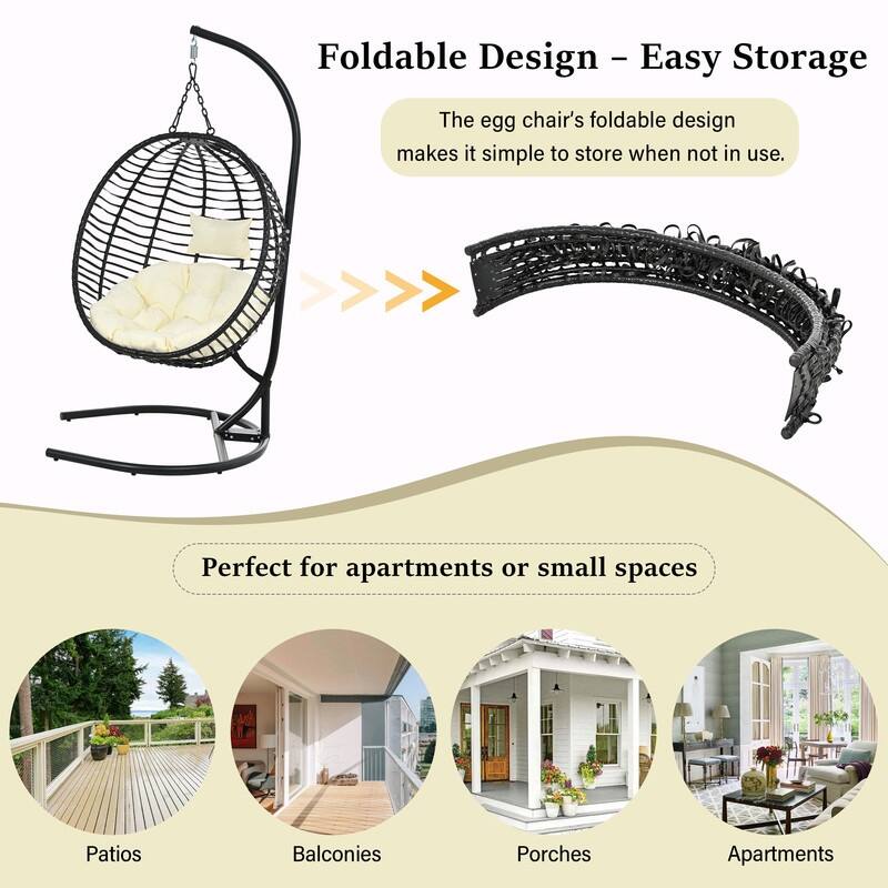 Single Person Folding Egg Chair with Stand, Indoor Outdoor Hanging Wicker Swing Chair with Adjustable Feet