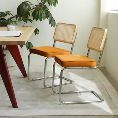 Dining Chairs Set of 2, Velvet Rattan Side Accent Chairs with Chrome Legs, Breuer Designed Chairs, Upholstered Dining Chairs