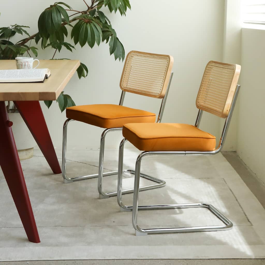 Dining Chairs Set of 2, Velvet Rattan Side Accent Chairs with Chrome Legs, Modern Mid Century Breuer Designed Chairs,