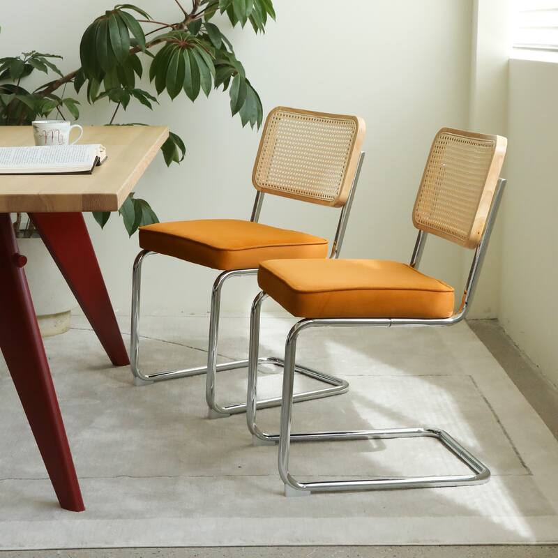 Dining Chairs Set of 2, Velvet Rattan Side Accent Chairs with Chrome Legs, Modern Mid Century Breuer Designed Chairs - Orange