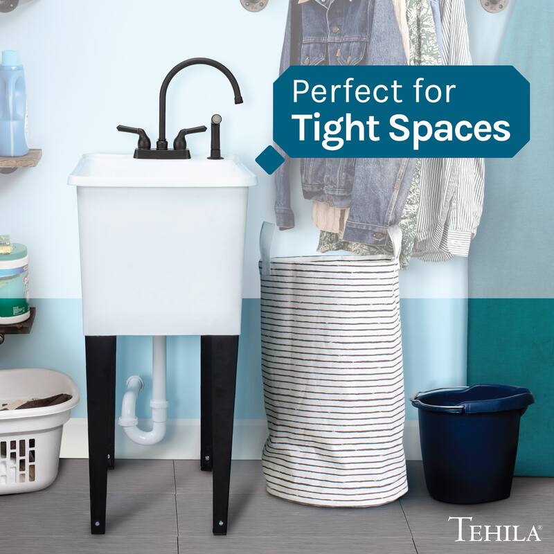 TEHILA White 16-Gallon Space Saver Utility Sink Laundry Tub with Gooseneck Faucet