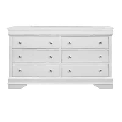 HomeRoots 58" Metallic White Solid Wood Six Drawer Double Dresser