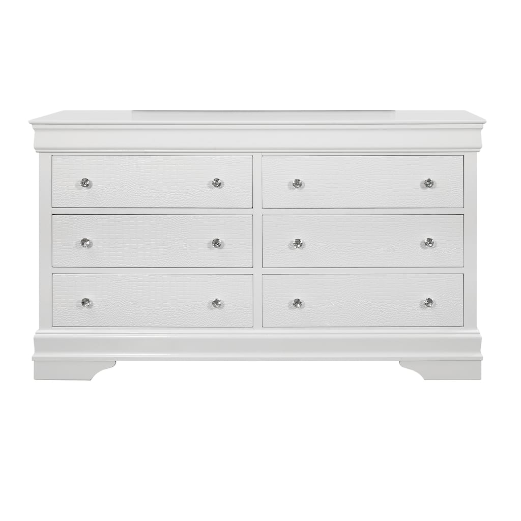 HomeRoots 58" Metallic White Solid Wood Six Drawer Double Dresser