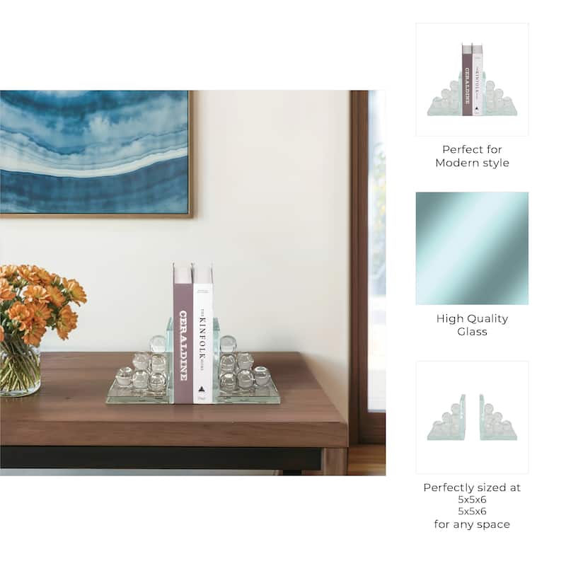 Sagebrook Home Modern Glass Crystal Bookends with Spherical Accents Glass Crystal - 5" x 5" x 6"