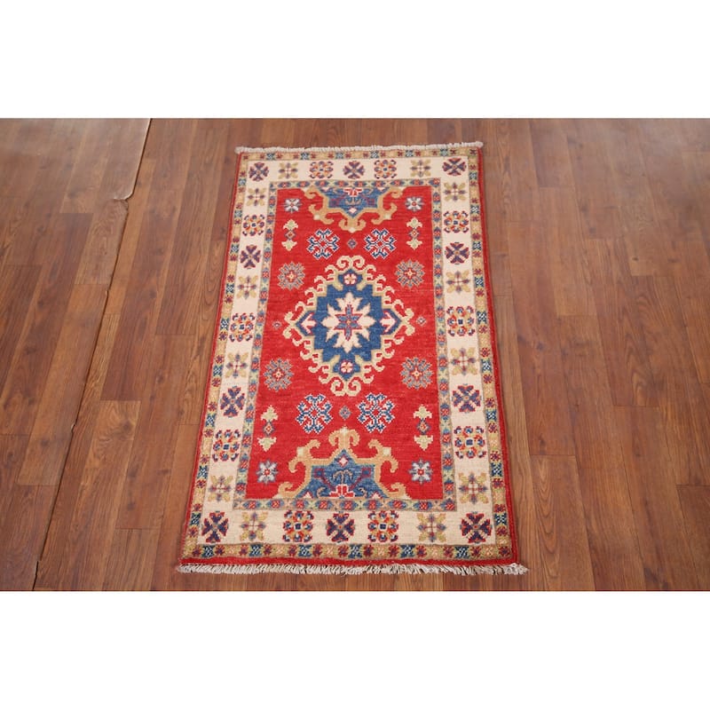 Red Geometric Kazak Foyer Rug Hand-Knotted Wool Carpet - 1'11" x 3'2"
