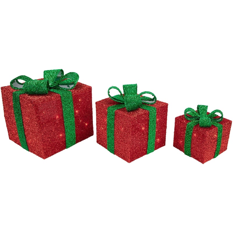 Set of 3 Lighted Red and Green Tinsel Gift Boxes with Bows Christmas Outdoor Decorations 10"