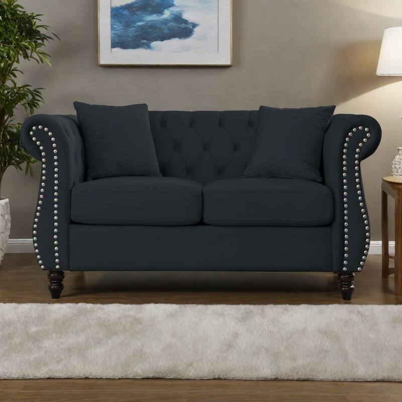 58.8" Velvet Chesterfield 2-Seater Sofa with Rolled Arms, Nailhead Trim, and 2 Pillows - Black
