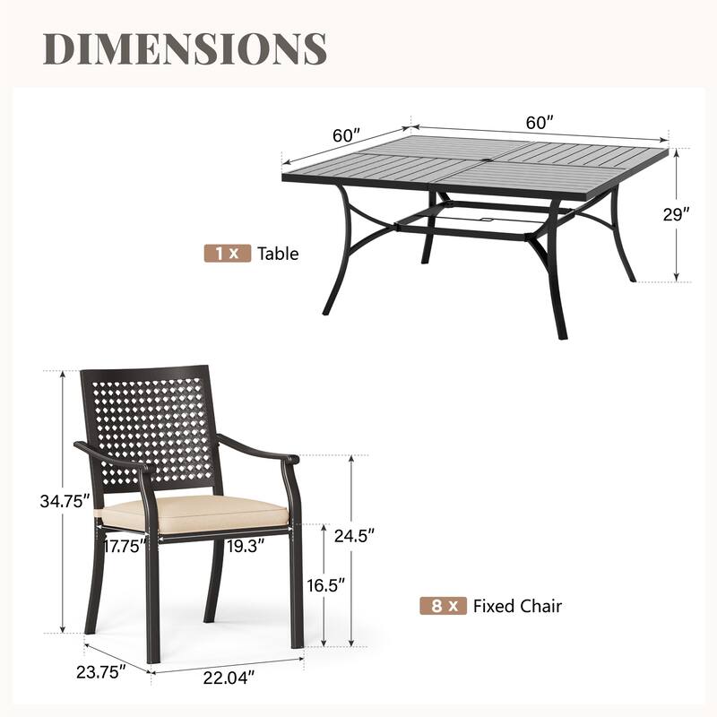 MAISON ARTS 9-Piece Patio Dining Set 1 Large Square Metal Table and 8 Stackable Chairs
