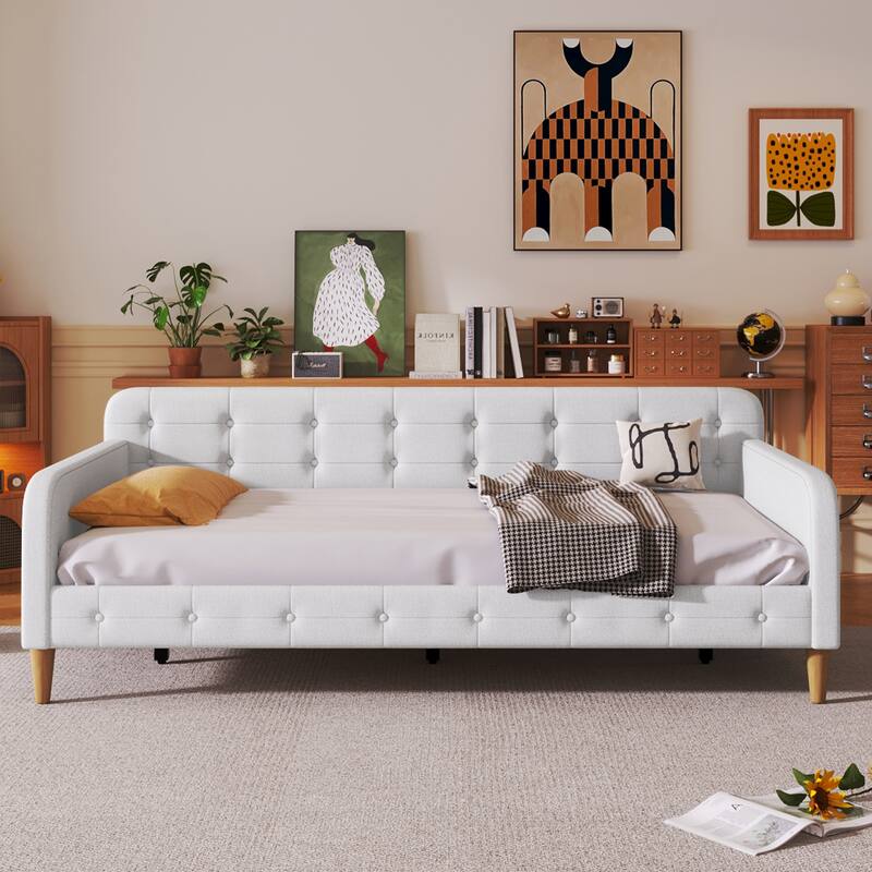 Modern Twin Size Daybed Bed Frame, Linen Upholstered Platform Bed with Wood Slatted and Button Backrest Headboard