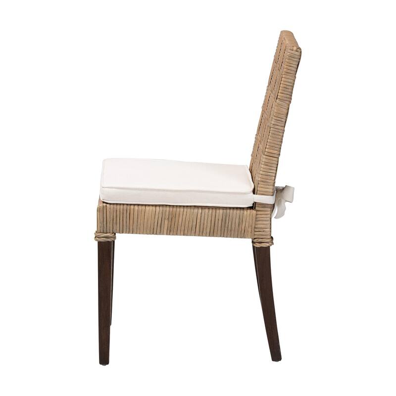 Fatima Natural Rattan Dining Chair with Cushion - Handwoven Wicker Side Chair with Basketweave Back and Seat, Coastal Seating