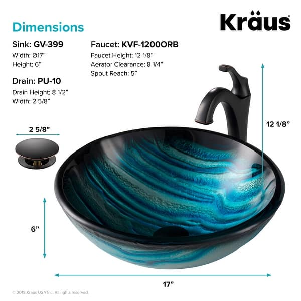 dimension image slide 1 of 5, Kraus Glass Vessel Sink, Bathroom Faucet, Pop Up Drain, Mounting Ring
