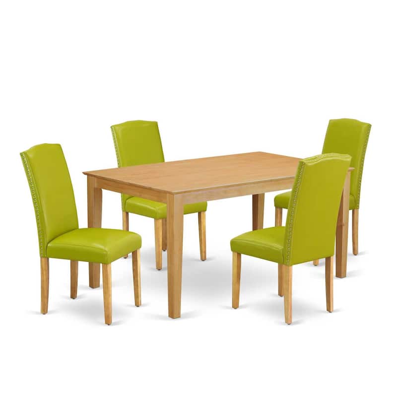 Asian Dining Set 5Pc Rectangle Table & 4 Chairs - Green PU Leather, Oak Legs - 60" Table