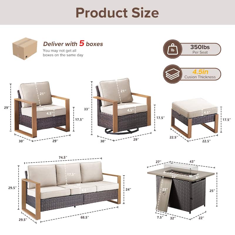 Meyreso Wicker Outdoor Patio Fire Pit Set with Swivel Gliders and Olefin Cushions