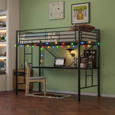 Black Twin Size Metal Loft Bed with Desk, Power Outlet and LED Lighted , Safety Guard & Ladder
