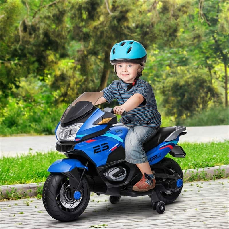 12V Kids Electric Motorcycle with Headlights and Removable Training Wheels USB Adjustable Volume - 46.75" L x 15.5" W x 26" H - Blue-Black