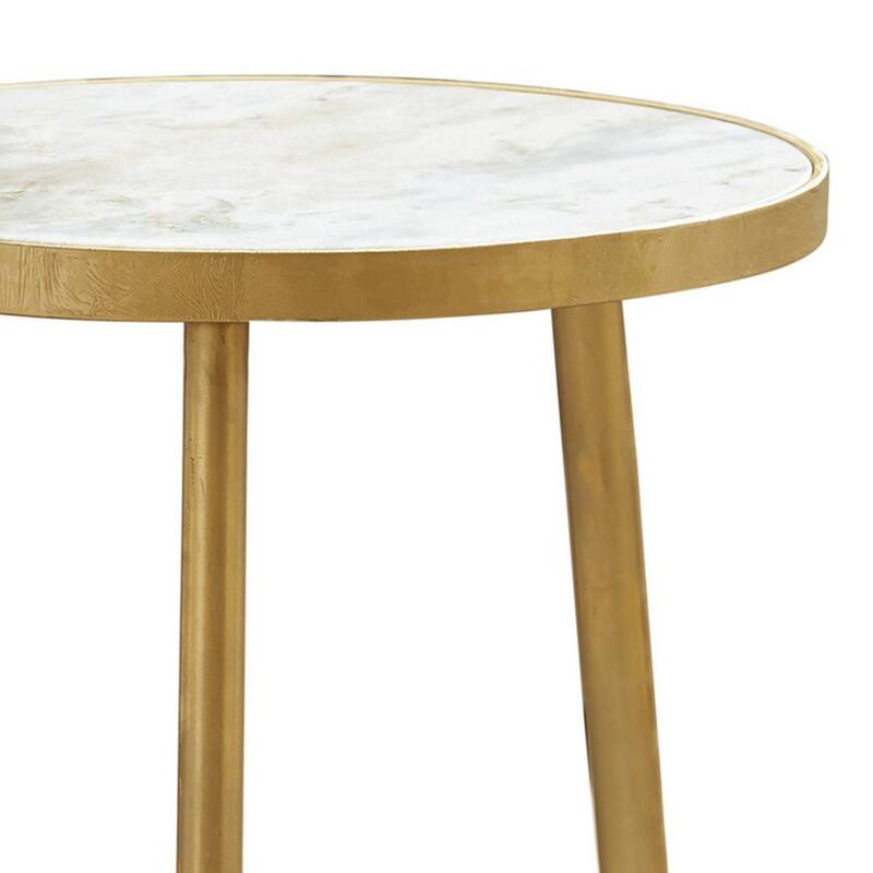 22 Inch Modern Accent Table, Round Marble Top, White, Gold