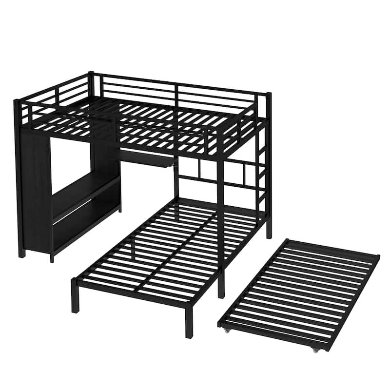 Full-over-Twin Metal Bunk Bed with Built-in Wardrobe, Trundle and Foldable Desk