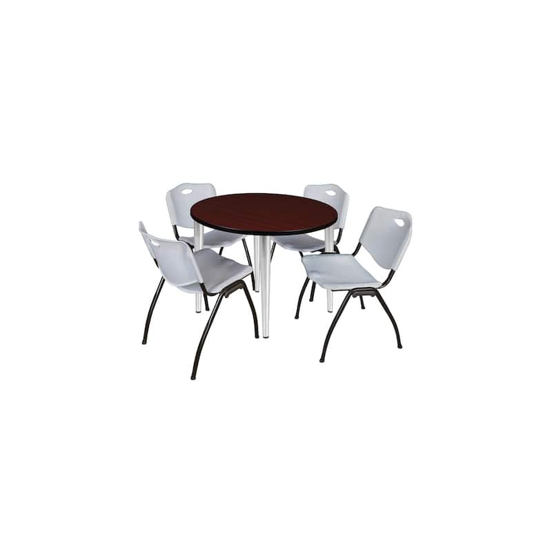 42 in. Round Breakroom Table- Mahogany Top, Chrome Base & 4 M Stack Chairs- Grey