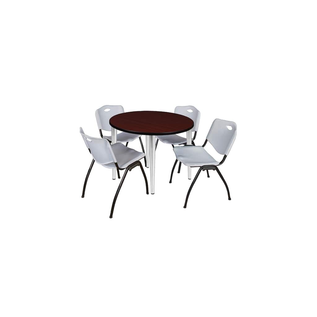 42 in. Round Breakroom Table- Mahogany Top, Chrome Base & 4 M Stack Chairs- Grey