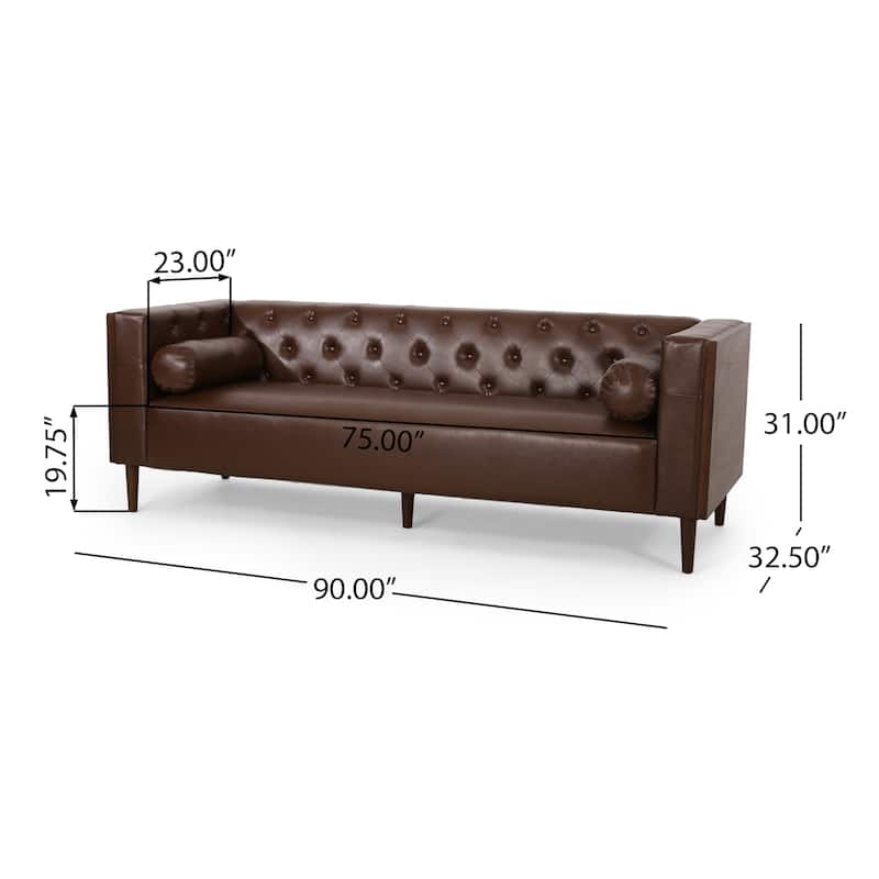 Dark Brown Faux Leather Button Tufted 3-seater Sofa with Birch Wood Legs