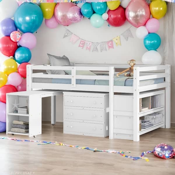 slide 2 of 45, Full Size Loft Bed With Cabinet,Shelves And Rolling Portable Desk White