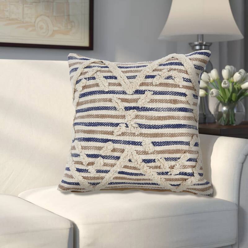 Handwoven Textured Stripe Square Throw Pillow - 20" - Tan and Blue