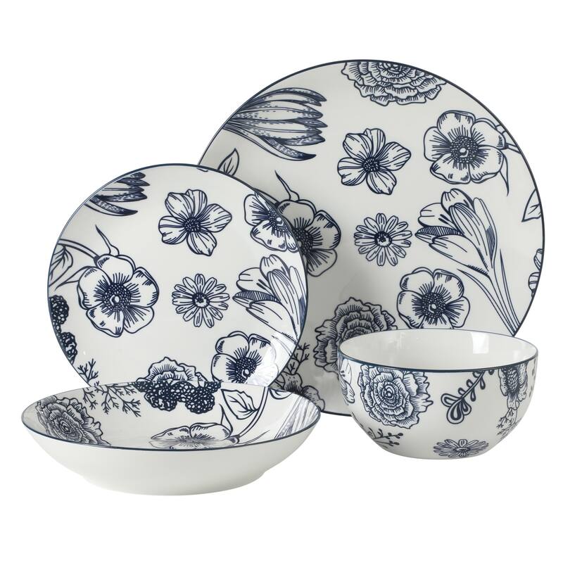 Gibson Home Westerly Court 16-Piece Dinnerware Set, Blue Floral Stoneware Plates & Bowls, Service for 4