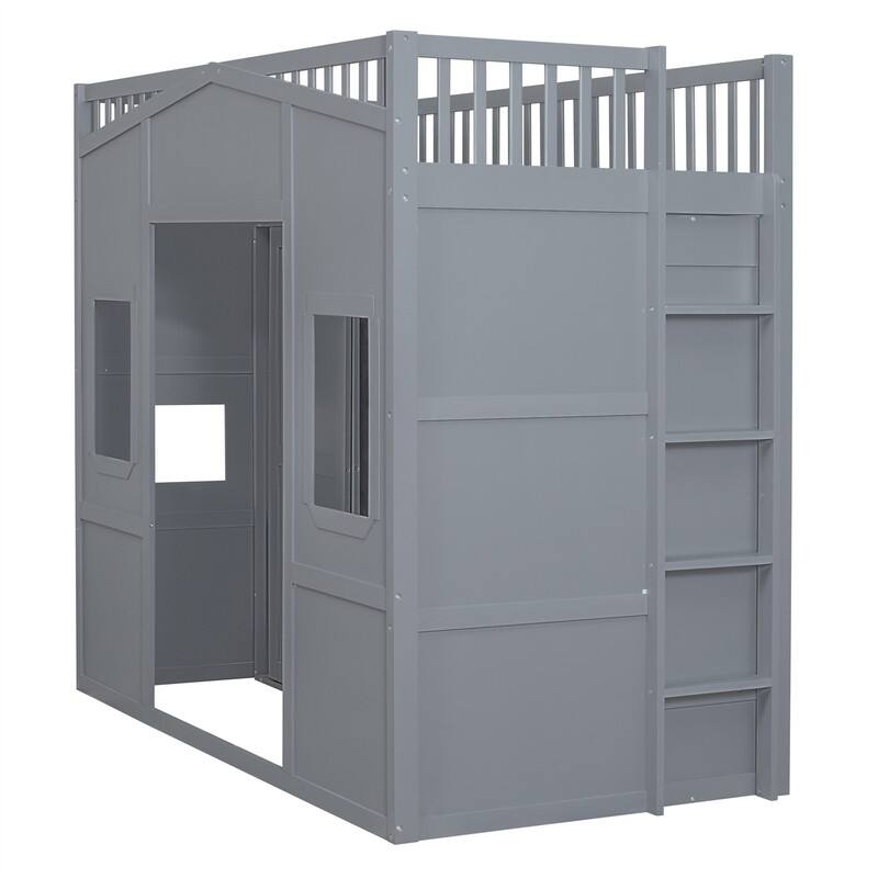 Solid Wood Loft Bed w/ Bulit-in Wardrobe, Hanging Rod & Storage Shelves, Twin/Full Size Playhouse Design Loft Bedframe w/ Window