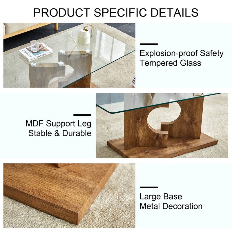 47.2" Modern Rectangular Coffee Table with Tempered Glass Tabletop and MDF Legs